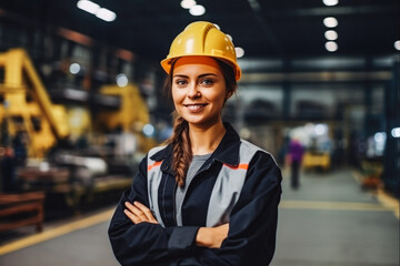 Beautiful young caucasian engineer at work smiling while dressed in safety vest and helmet, woman at work - obrazy, fototapety, plakaty
