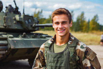 Portrait of smiling handsome caucasian solder in work uniform enjoying his time at job, brave man at his job in the army