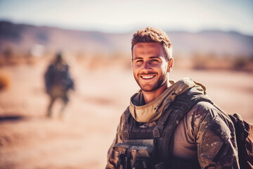 Portrait of smiling handsome caucasian solder in work uniform enjoying his time at job, brave man at his job in the army - obrazy, fototapety, plakaty