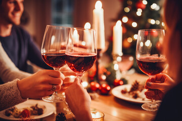 Close up of wine glasses cheering and celebrating christmas, concept of holidays drink and quality time together - obrazy, fototapety, plakaty
