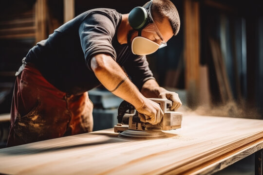 Male carpenter using sander on a piece of wood in his work shop, focusing on a job and wearing safety goggles while grinding