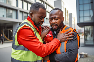 African american construction worker helping his co worker while he is having problems with breathing and having a heart attack, first aid