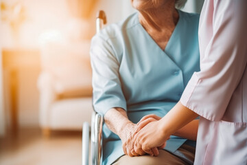 Close up of supporting caregiver holding hands with elderly woman and helping her, medical staff caring for seniors