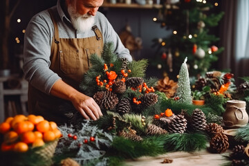 Close up of male florist creating new years drenching for decorations, winter wreath decorations for table