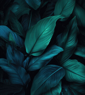 Blue green lush tropical leaves on a dark black background - Graphic resource backdrop © dreamalittledream