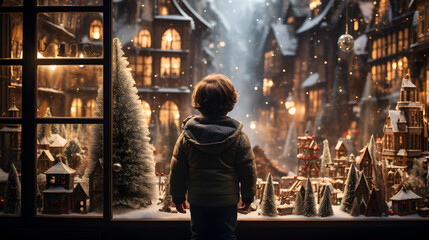 A smiling baby boy child at a Christmas market looking at christmas ornaments, christmas trees and lights, candles, white christmas snow happy holidays