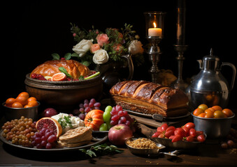 stół z potrawami, indykiem, na święto dziękczynienia - obrazy, fototapety, plakaty