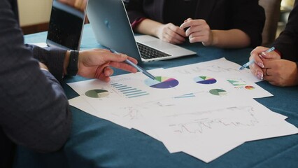 Team work process. Marketing strategy, documents, graphics, statistical data. Digital work at the office meeting room. Brainstorming - Powered by Adobe