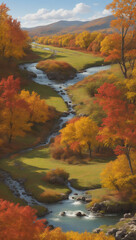 Autumn landscape with a whimsical winding river - AI Generative