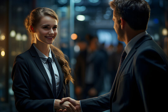 Two attractive bussines partners shaking their hands in the office.