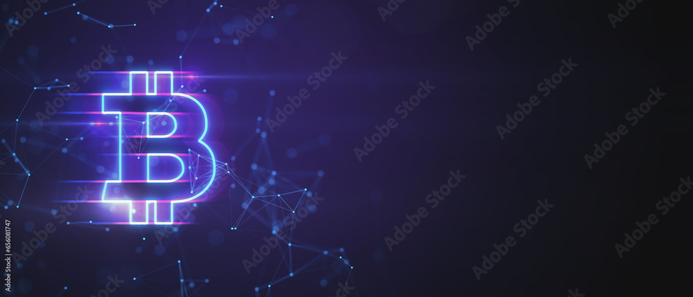 Poster wide purple background with polygonal bitcoin hologram and mock up place. 3d rendering.