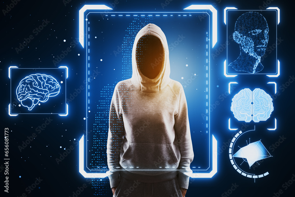 Poster hacker in hoodie with face recognition hologram on blurry blue background. face id and password conc