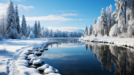 A calm river reflecting the blue sky and snow-covered trees runs through a serene winter landscape with a snow-covered riverbank and protruding rocks.
 - obrazy, fototapety, plakaty