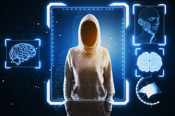 Hacker in hoodie with face recognition hologram on blurry blue background. Face ID and password...
