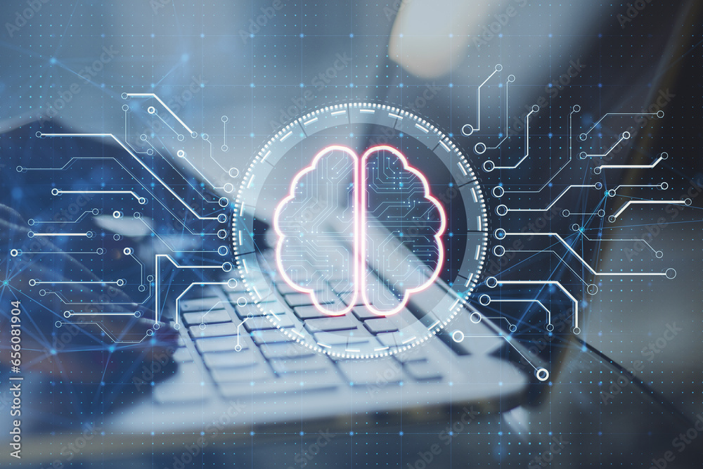 Poster Close up and side view of female hands using laptop with creative digital brain hologram with circuit on blurry background. Artificial intelligence and machine learning concept. Double exposure.