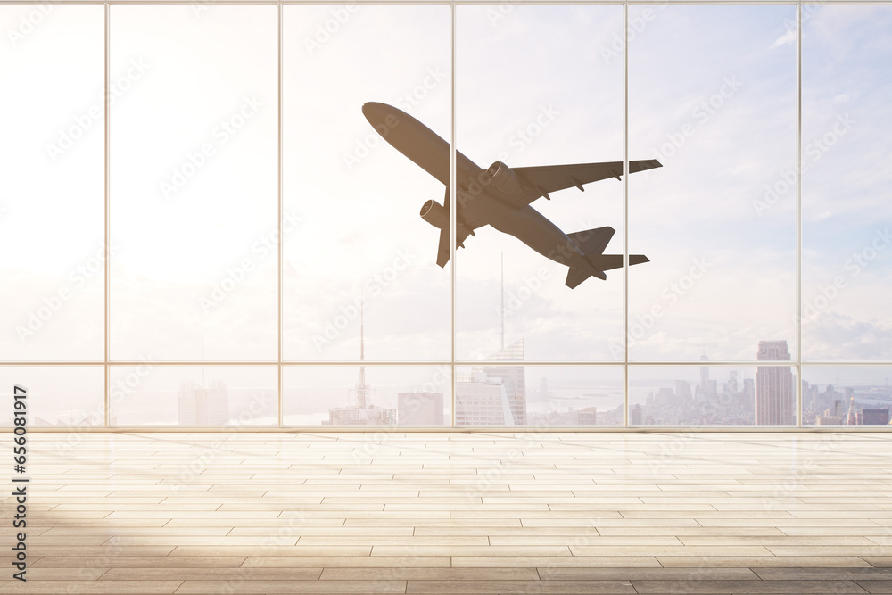 Poster simple airport interior with flying airplane seen through panoramic window with city view and daylig