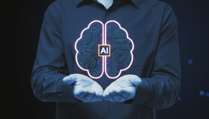 Close up of male hands holding creative digital brain hologram with circuit on blurry blue bokeh circles background. Artificial intelligence and machine learning concept.