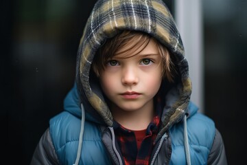 Portrait of a boy in a warm winter jacket and hood.