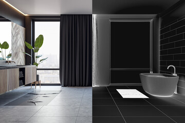 Clean wooden and concrete bathroom interior with black curtains, various items and window with city view. Interior designs concept. 3D Rendering.