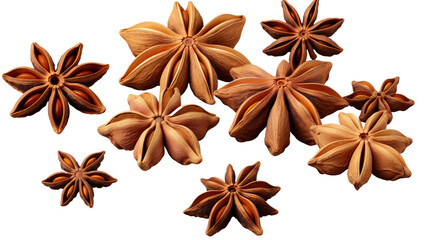 Star anise spice fruits and seeds isolated on transparent or white background