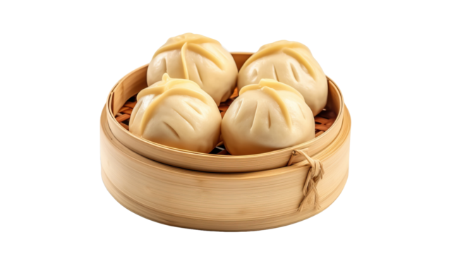 Steamed stuff custard bun in bamboo basket isolated on transparent or white background 