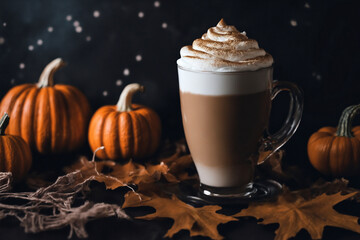 halloween still life with latte, decorations and pumpkins , holiday background