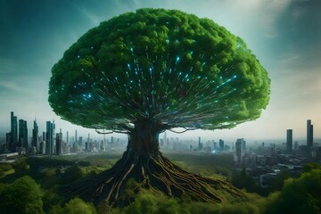 Huge biotech tree with circuitry in the wood with a city underneath - AI Generative