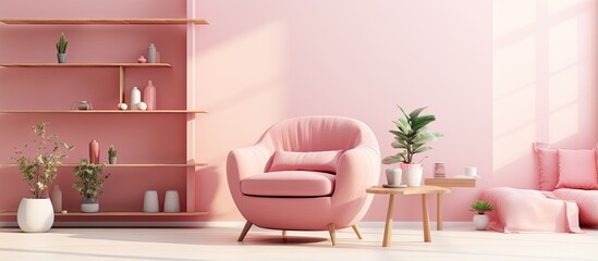 Minimal style interior showcasing floating pink living room furniture armchair table laptop coffee cup books and plant demonstrates modern comfort in a cozy home decor lobby for sh