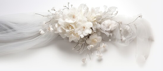 Front view of a white bridal hair comb with a veil featuring a lace applique isolated on a white background