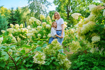 Naklejka na ściany i meble mother and daughter in flowering hydrangea bushes.