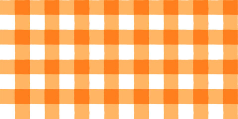Hand drawn irregular orange and white vector check seamless pattern, wavy plaid, gingham design for autumn and Thanksgiving background  - obrazy, fototapety, plakaty