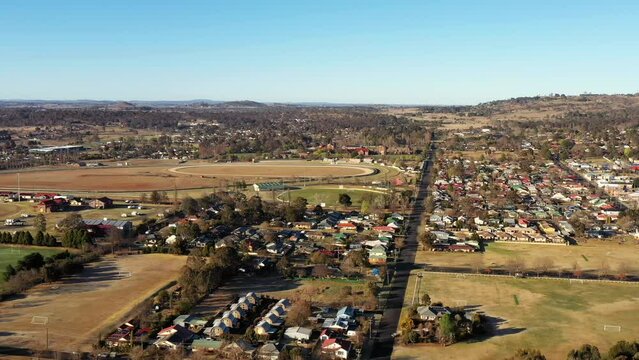 Wide aerial panorama over Armidale town of Great Dividing range Australia.
