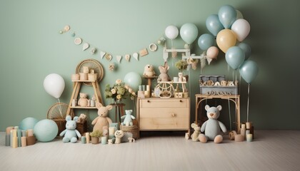 Backdrop for studio photo of young child and new born baby, bedroom with toys