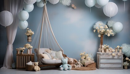 Backdrop for studio photo of young child and new born baby, bedroom with toys - obrazy, fototapety, plakaty