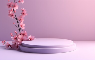 Premium sakura podium, stand on pastel, pink, purple background. Empty space for a product presentation mock up, 3d, render with copy space, March 8. Romance showcase with flowers, roses, love.