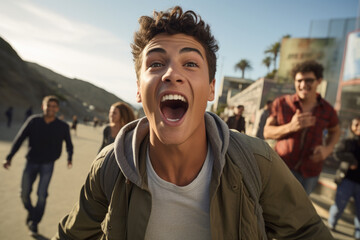 Young man with his mouth open in front of group of people. This image can be used to depict surprise, shock, or astonishment in various contexts. - obrazy, fototapety, plakaty