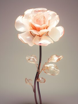 3D illustration of blooming rose glass flower, metallic, golden, red, stem with flowers and leaves isolated on light modern pink background