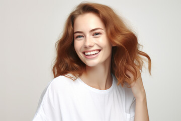 Woman with long red hair is captured in moment of happiness. This image can be used to portray joy, positivity, and confidence. Perfect for advertising, lifestyle blogs, and social media posts.