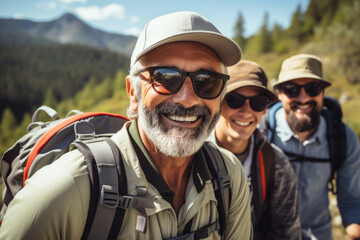 Group of people walking on trail with backpacks. Suitable for travel and adventure themes.
