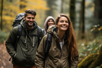 Fototapeta premium Group of people walking together in forest. This image can be used to depict hiking, nature walks, or outdoor activities.
