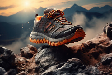Pair of shoes placed on top of rock. This image can be used to represent adventure, exploration, or moment of rest during hike or outdoor activity.