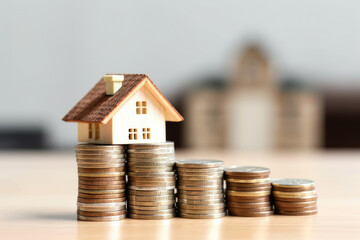 Picture of house sitting on top of pile of coins. This image can be used to represent wealth, financial success, or concept of saving money.