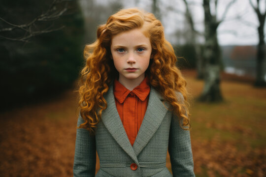 Young girl with vibrant red hair is dressed in suit and tie. This image can be used to represent professionalism, diversity, or empowerment.