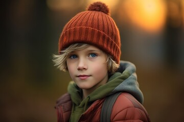 Portrait of a boy in a knitted hat and coat.
