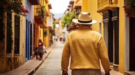 Elderly man in a fedora exploring the cobblestone streets of Cartagena amidst yellow colonial buildings. An old Colombian native walks down the street. generative AI - obrazy, fototapety, plakaty
