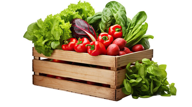 Wooden crate with fresh vegetables isolated on transparent or white background 