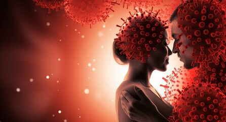 two people kiss transmitting the std virus, Human models in front of large red round coronavirus  - obrazy, fototapety, plakaty