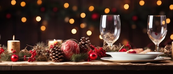 Chrstmas table setting, festive dinner decoration, ai generated