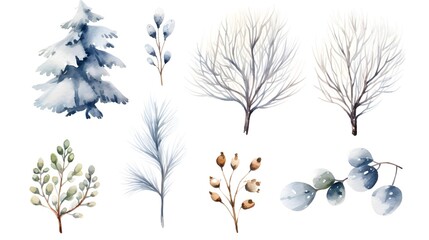 Winter watercolor style elements, isolated on white.
