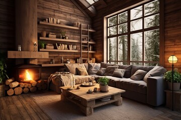 Obraz na płótnie Canvas Cozy living room of a remote wooden cabin in the snowy area Generative Ai